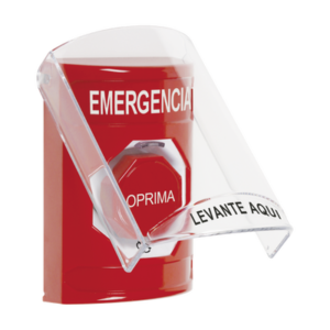Botón Rojo de Emergencia en Español con Tapa Protectora de Policarbonato Súper Resistente, Acción Mantenida, Girar para
